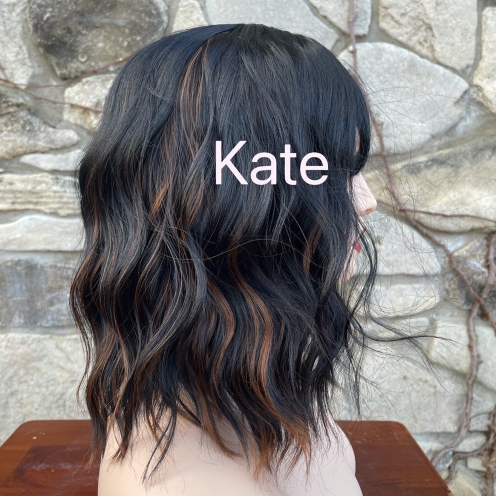 Human blend black brown wig wavy medium length wig